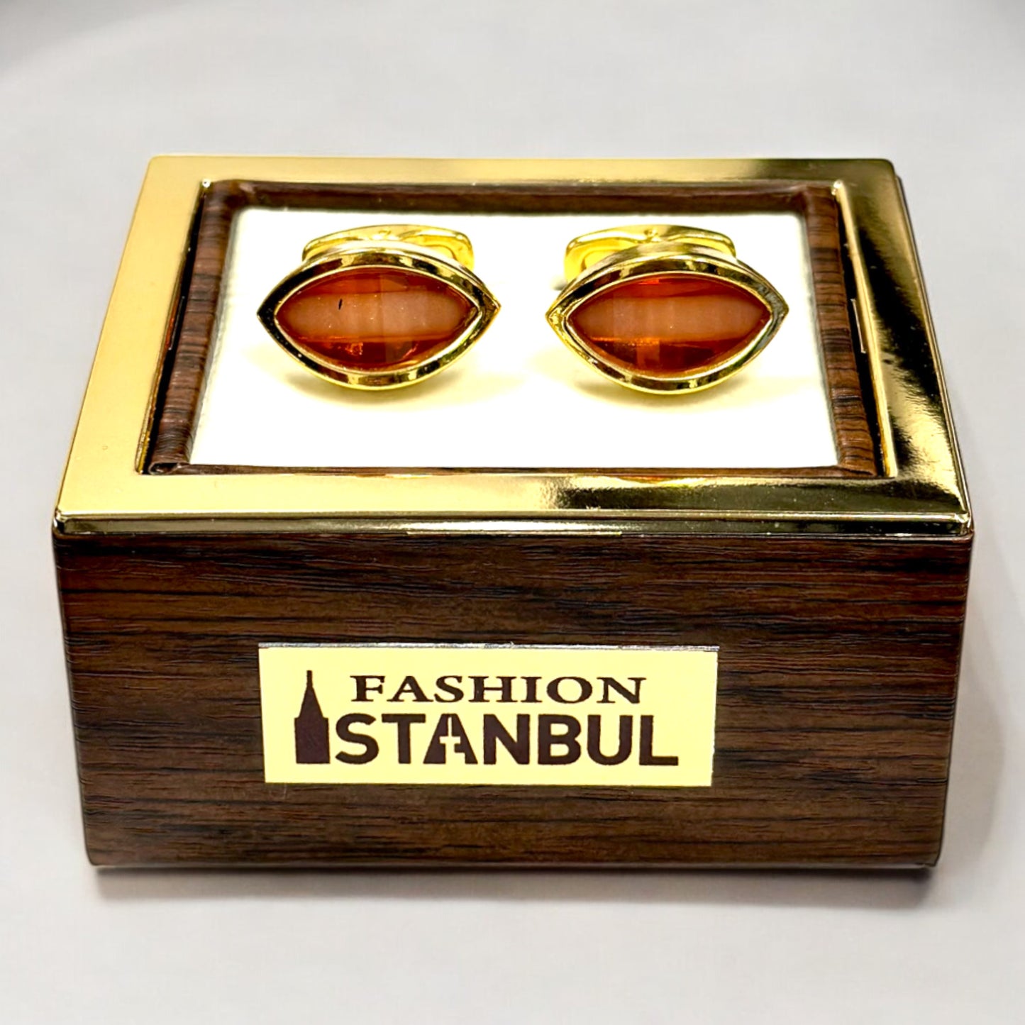 Elegant Tear Shaped Gold with Orange Jewel  - Istanbul Fashion Cufflinks - 76