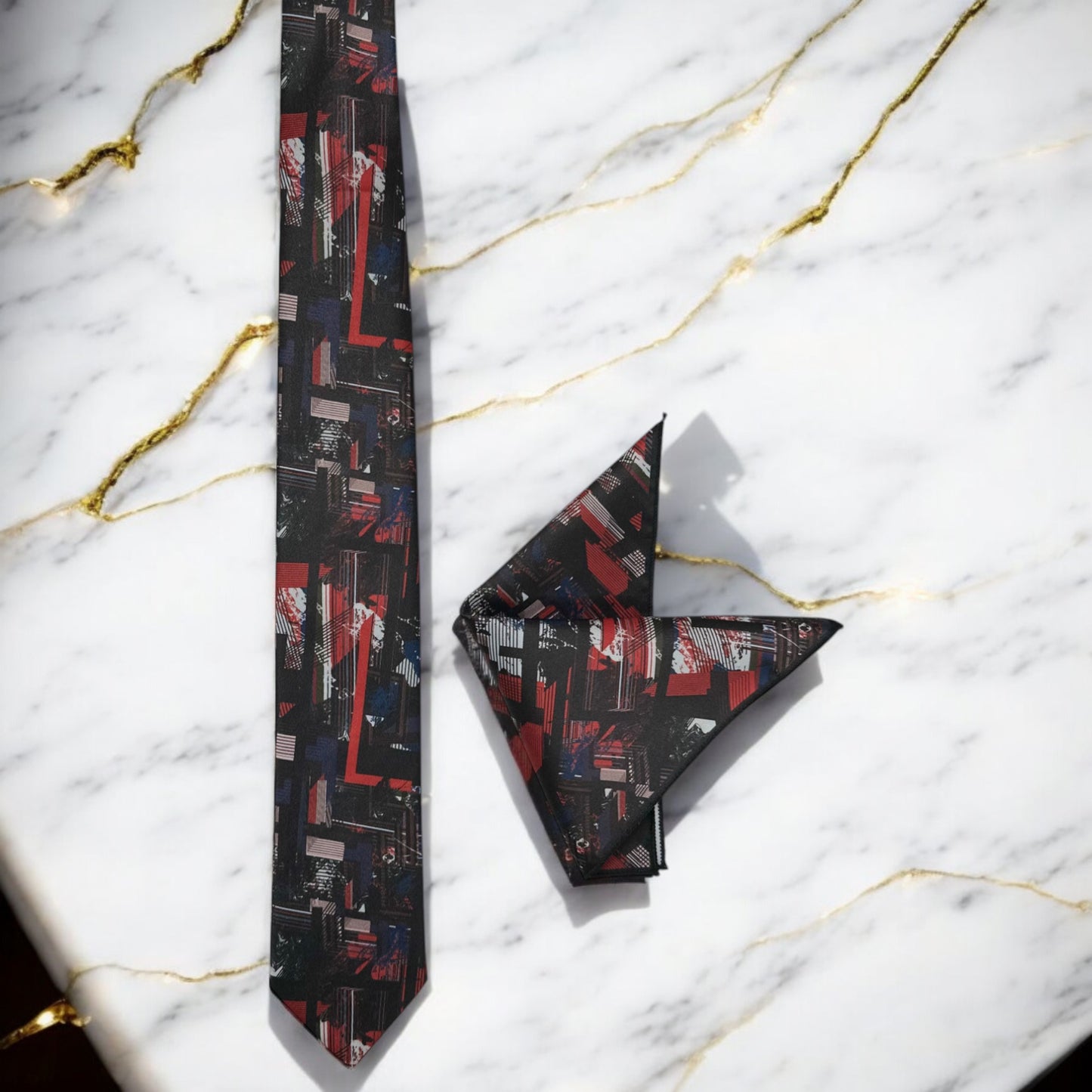 Red, Blue, on Black Base Pattern - Istanbul Fashion Tie - Classic Wide