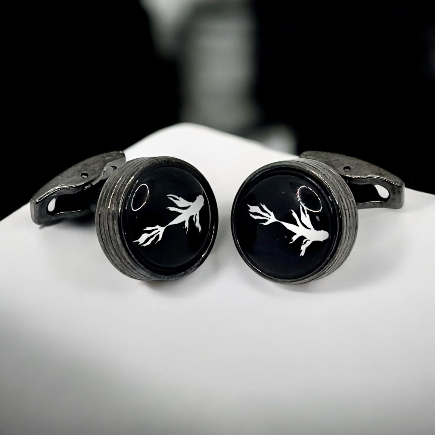 Round Istanbul Fashion Cufflinks -Black on Black with White Feather Detail - 15