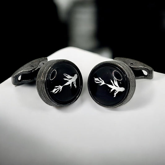 Round Istanbul Fashion Cufflinks -Black on Black with White Feather Detail - 15