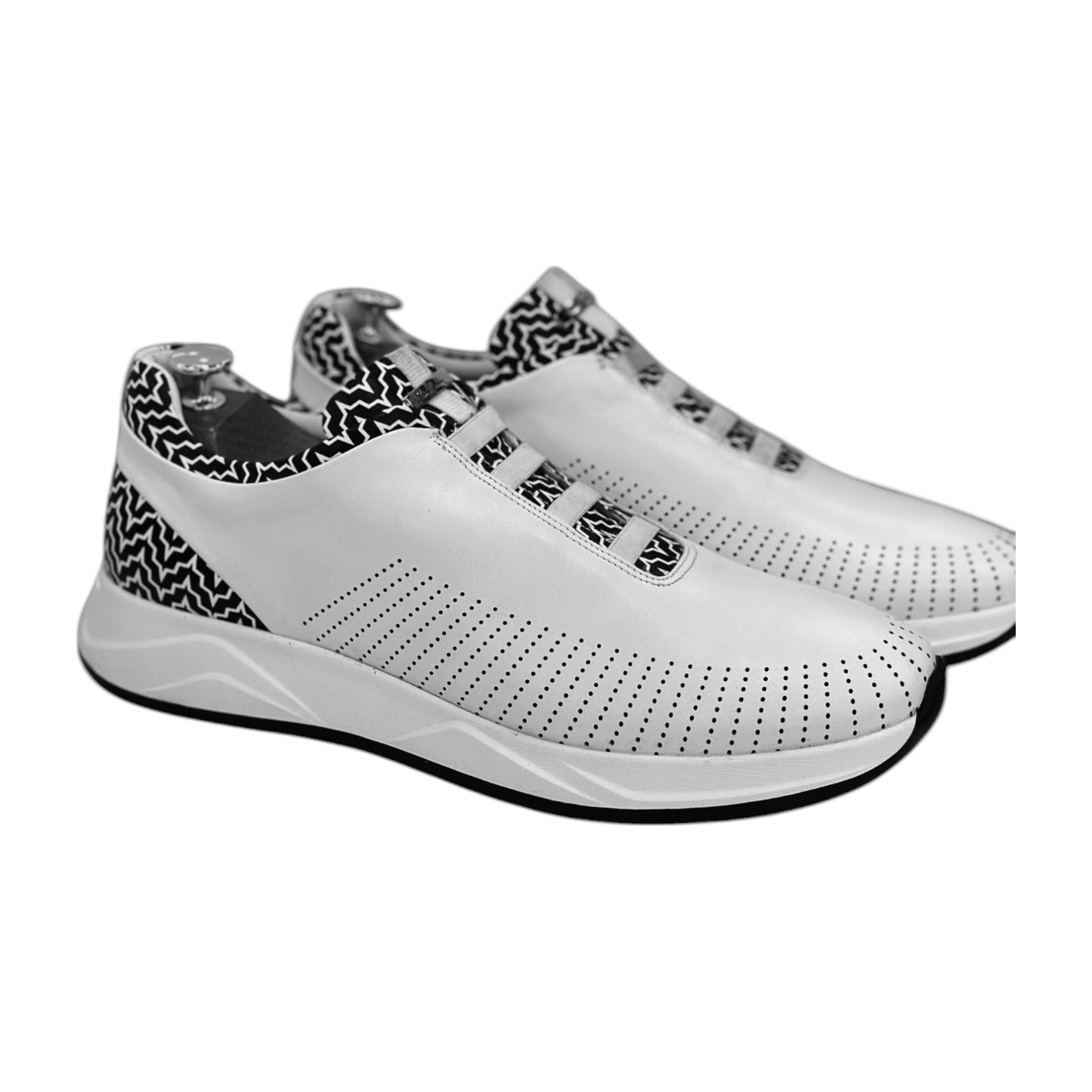 Casual Sneakers -White with Black Details -Elastic Lace-Rubber Bottom-3344442