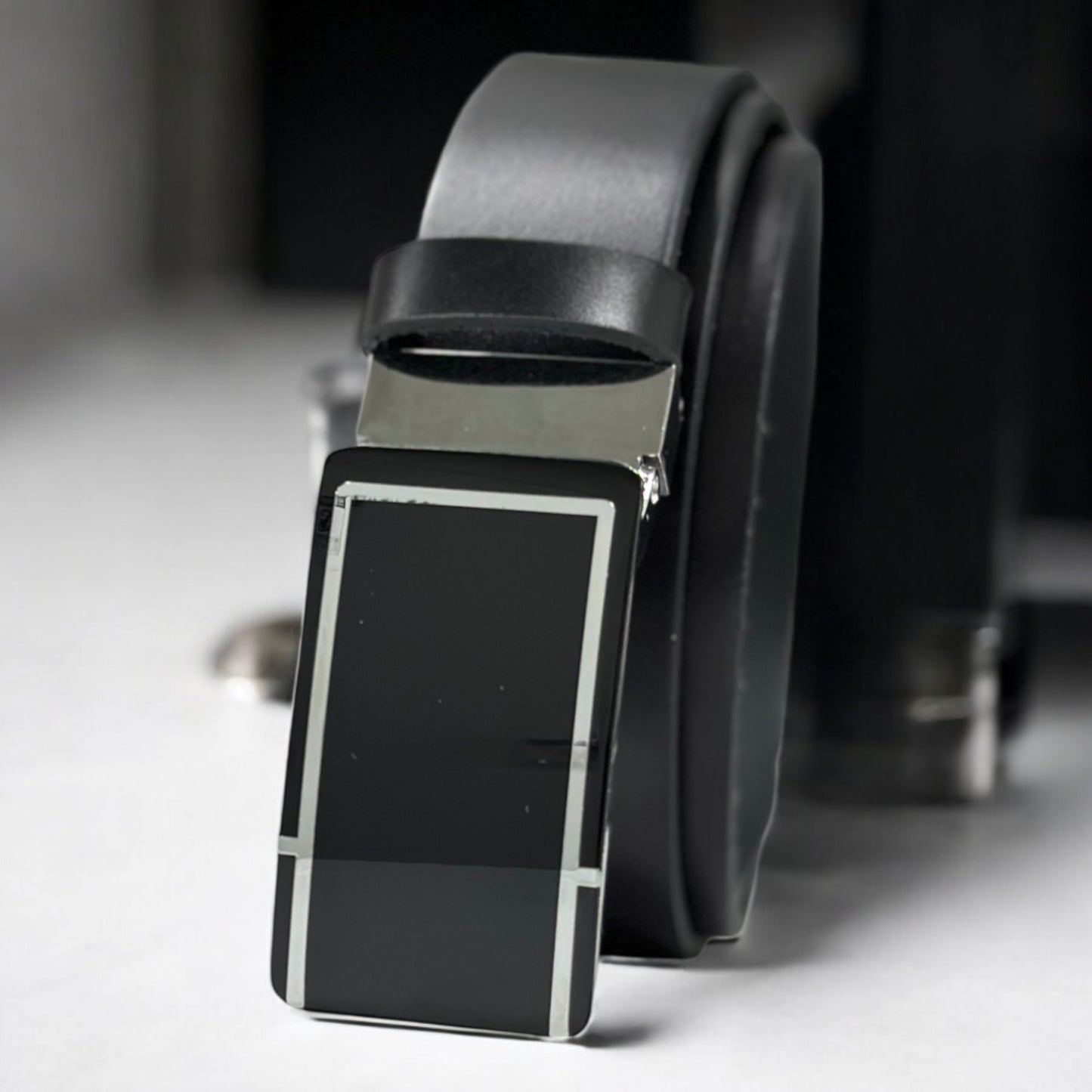Black Matte Black Leather with Shiny Black and Silver Buckle - 2