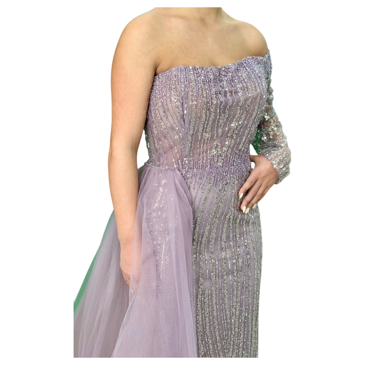 Dusty Purple  Elegant Long Dress-One Shoulder Detailed with Beautiful Crystals and Sequins