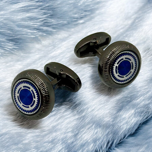 Luxury Round Istanbul Fashion Cufflinks  Detailed Black, Silver, and Navy Blue - 22
