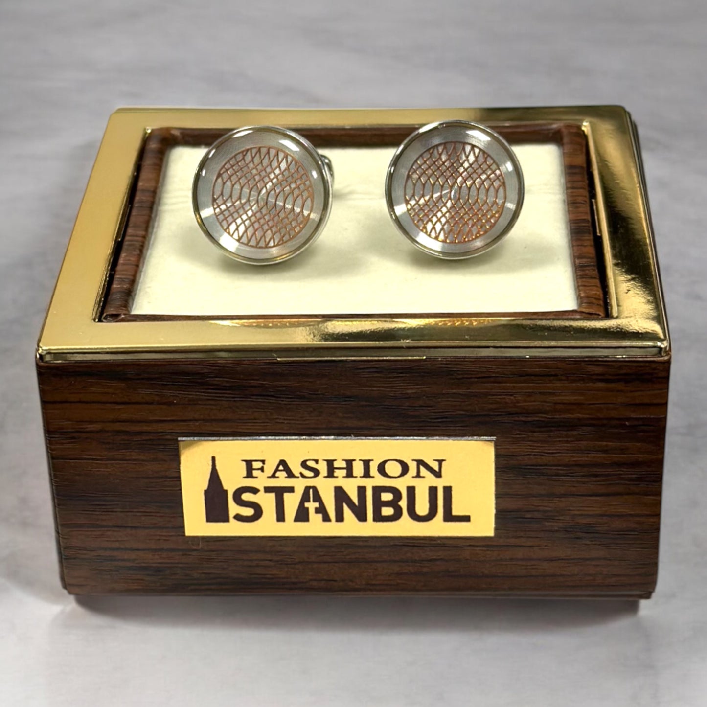Round Silver with Fine Rose Gold Lines  - Istanbul Fashion Cufflinks - 61