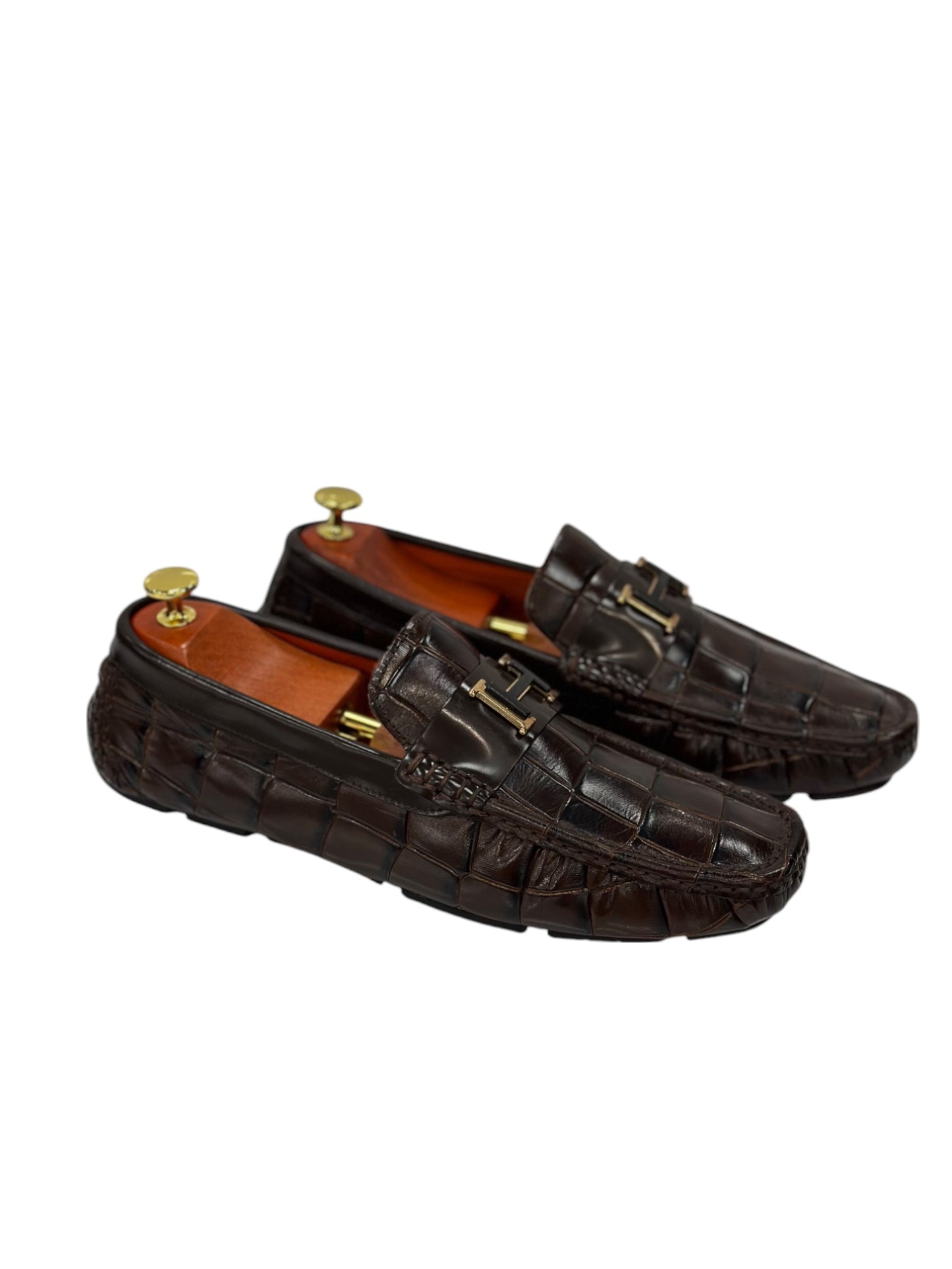 Brown Textured Leather-Shiny Finish Dress Shoes-Metal Details-Orange Interior-134-5577