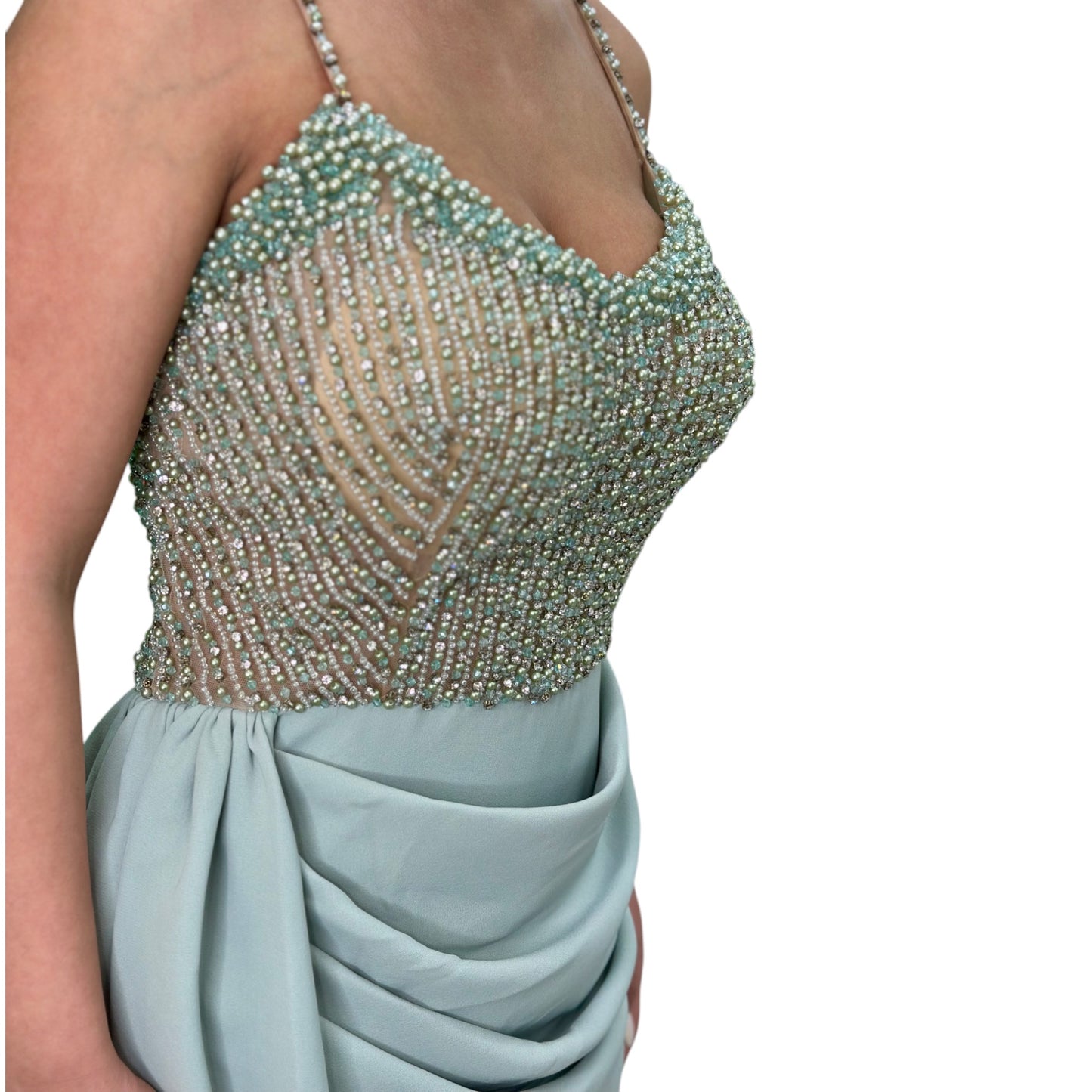 Sexy Mint Green Long Dress- Detailed with Beautiful Pearls
