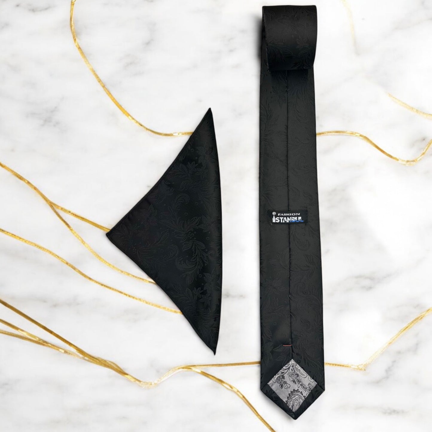 Patterned Black on Black  Shiny Finish- Istanbul Fashion Tie - Classic Wide
