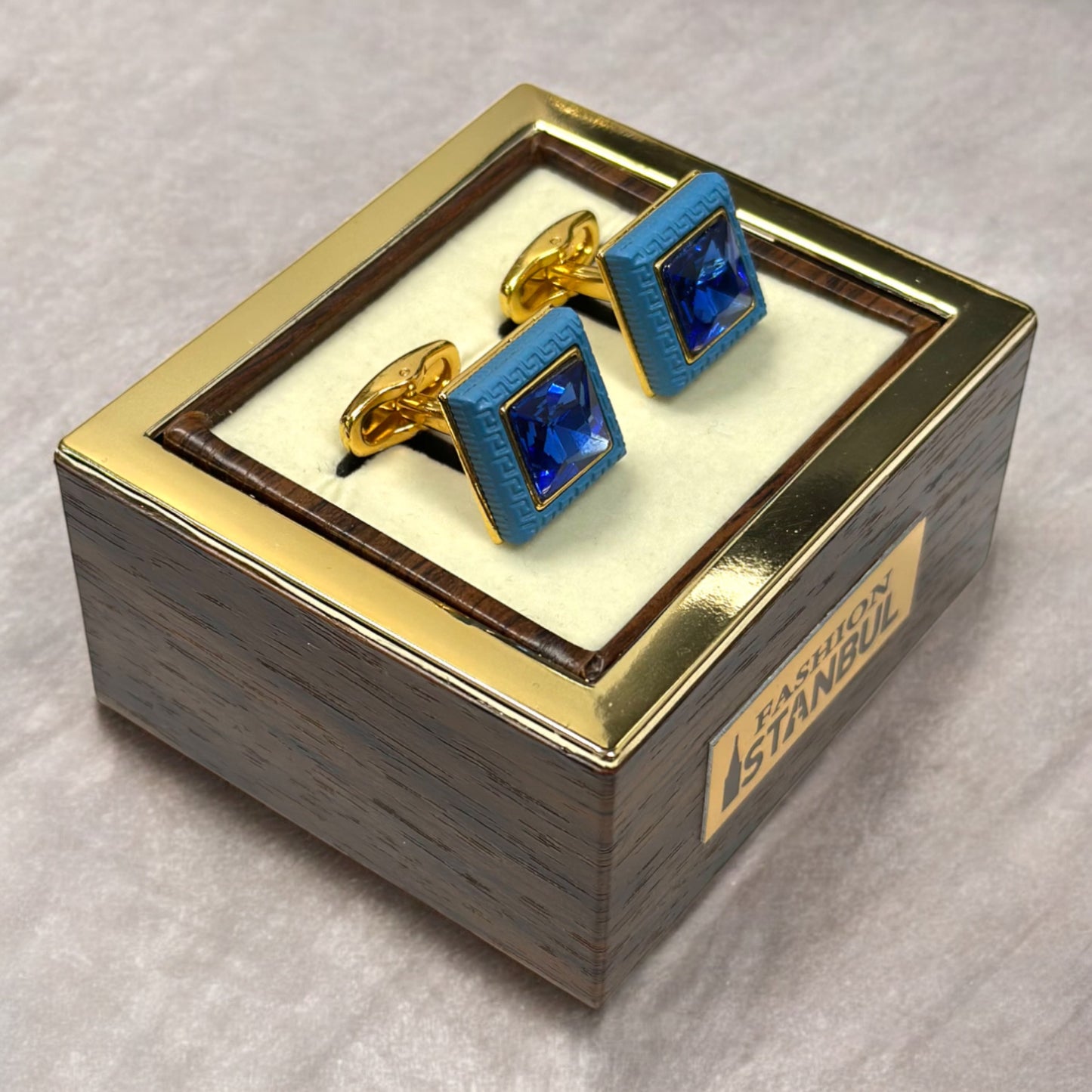 Stylish Gold Squared Detailed with Blue Diamonds - Istanbul Fashion Cufflinks - 72
