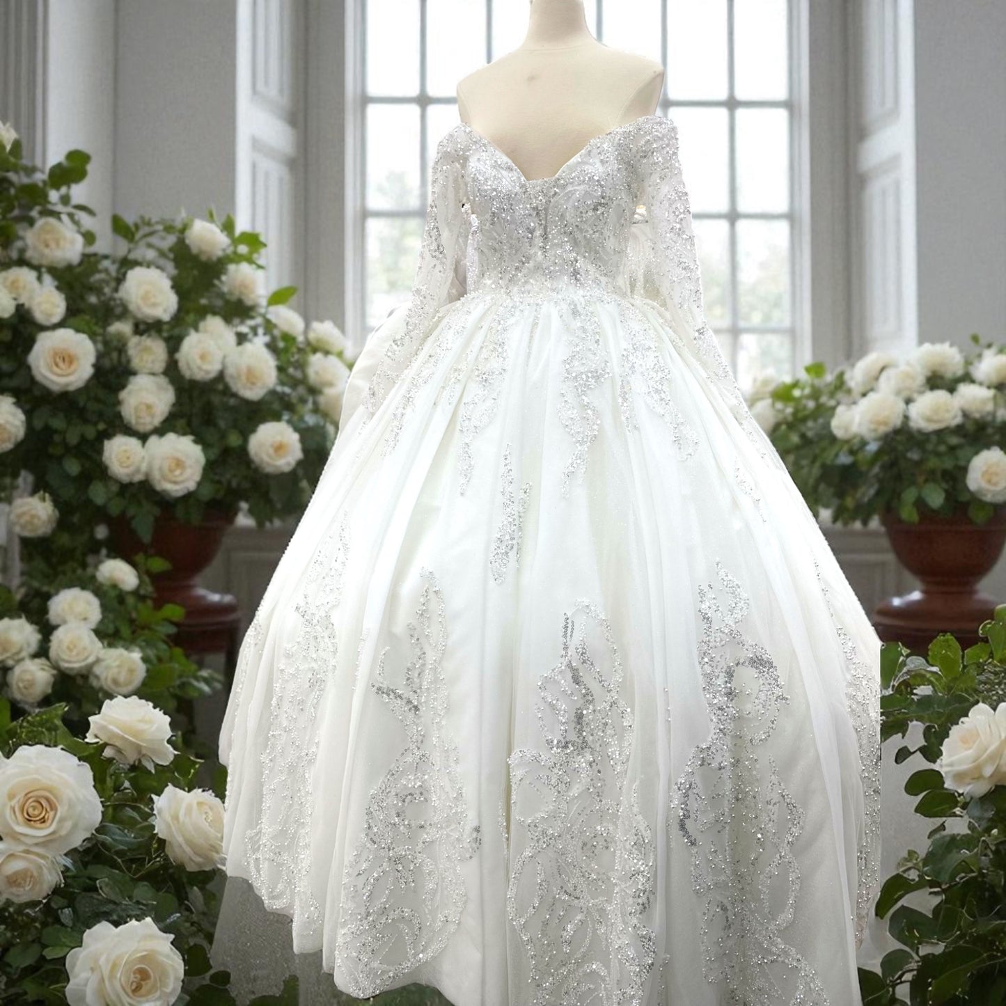 Off The Shoulder-Princess  Ball Gown Style - Wedding Gown - Creamy Detailed with Sequins and Shiny Beads