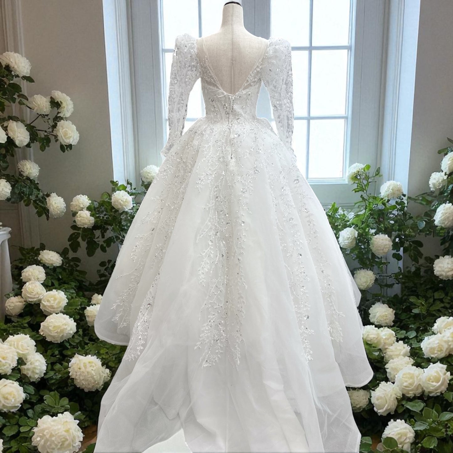 Princess  Ball Gown Style - Wedding Gown - Creamy White -Long Sleeves  Detailed with Sequins