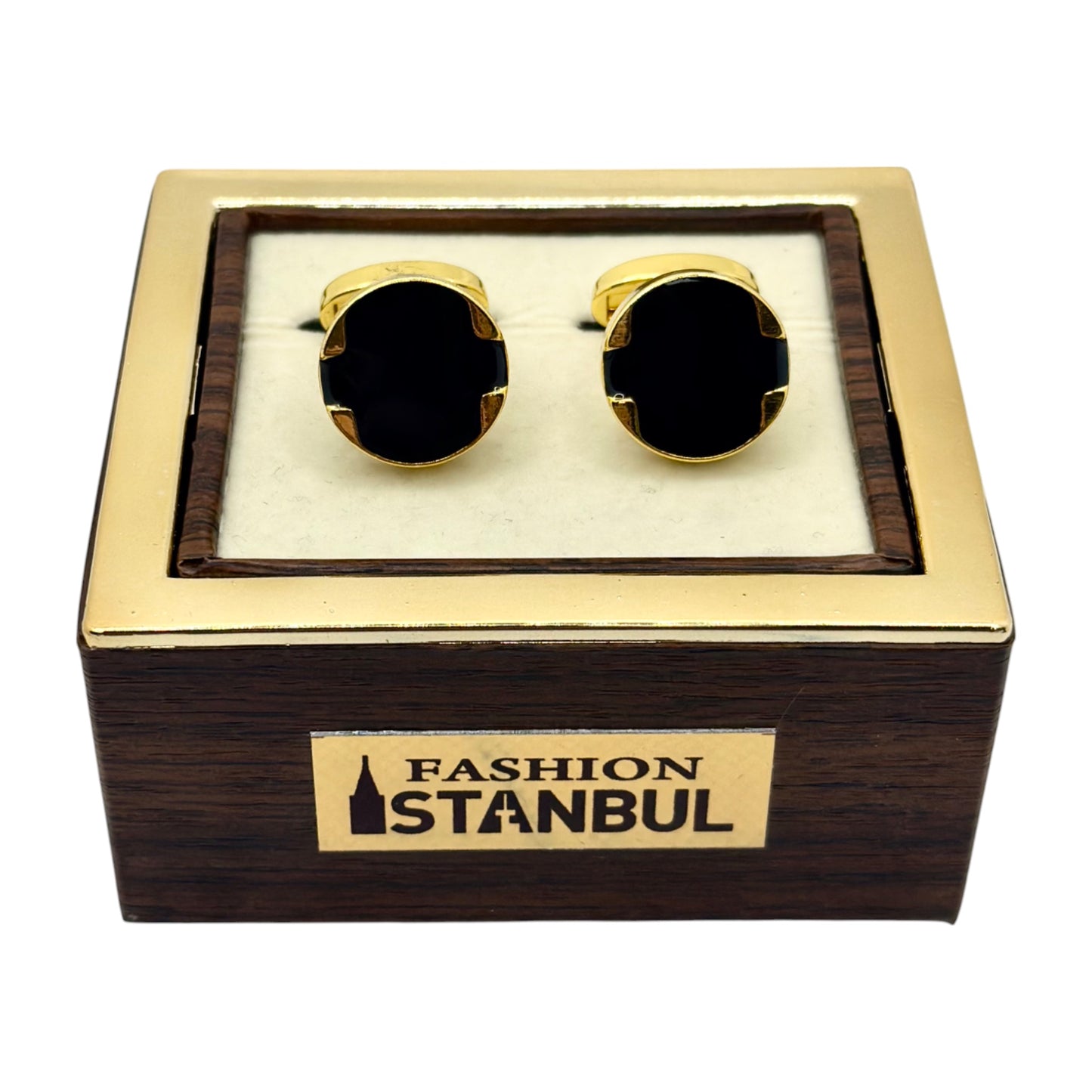 Round Istanbul Fashion Cufflinks - Gold and Dark Black Shiny Finish  - 13