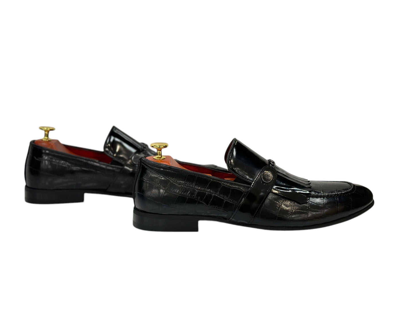 Black Istanbul Fashion by Raad Red Bottom Shoes With Shine Finish and Chrome Chain-3015
