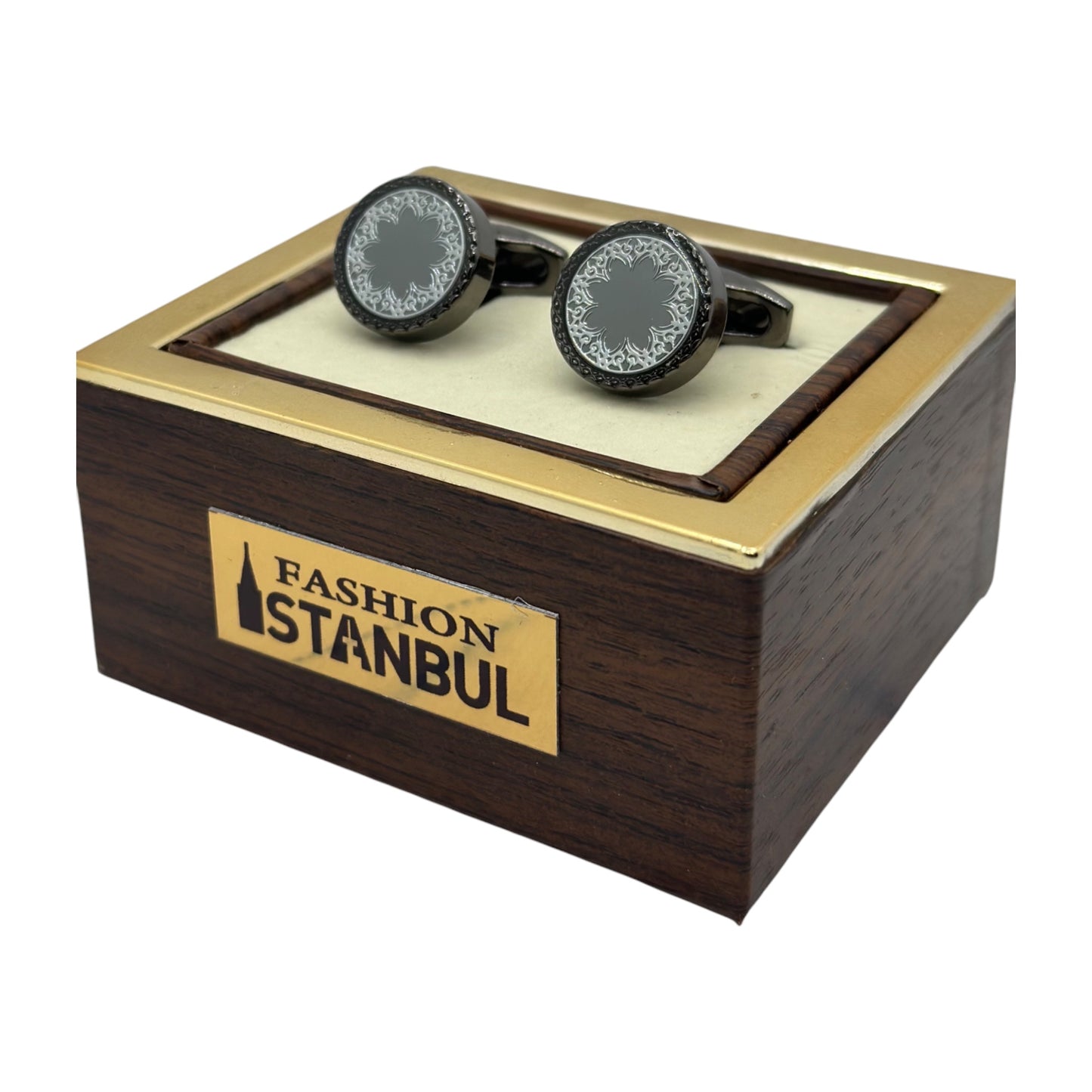 Chrome Round Istanbul Fashion Cufflinks - Gray Interior with Beautiful Details -1