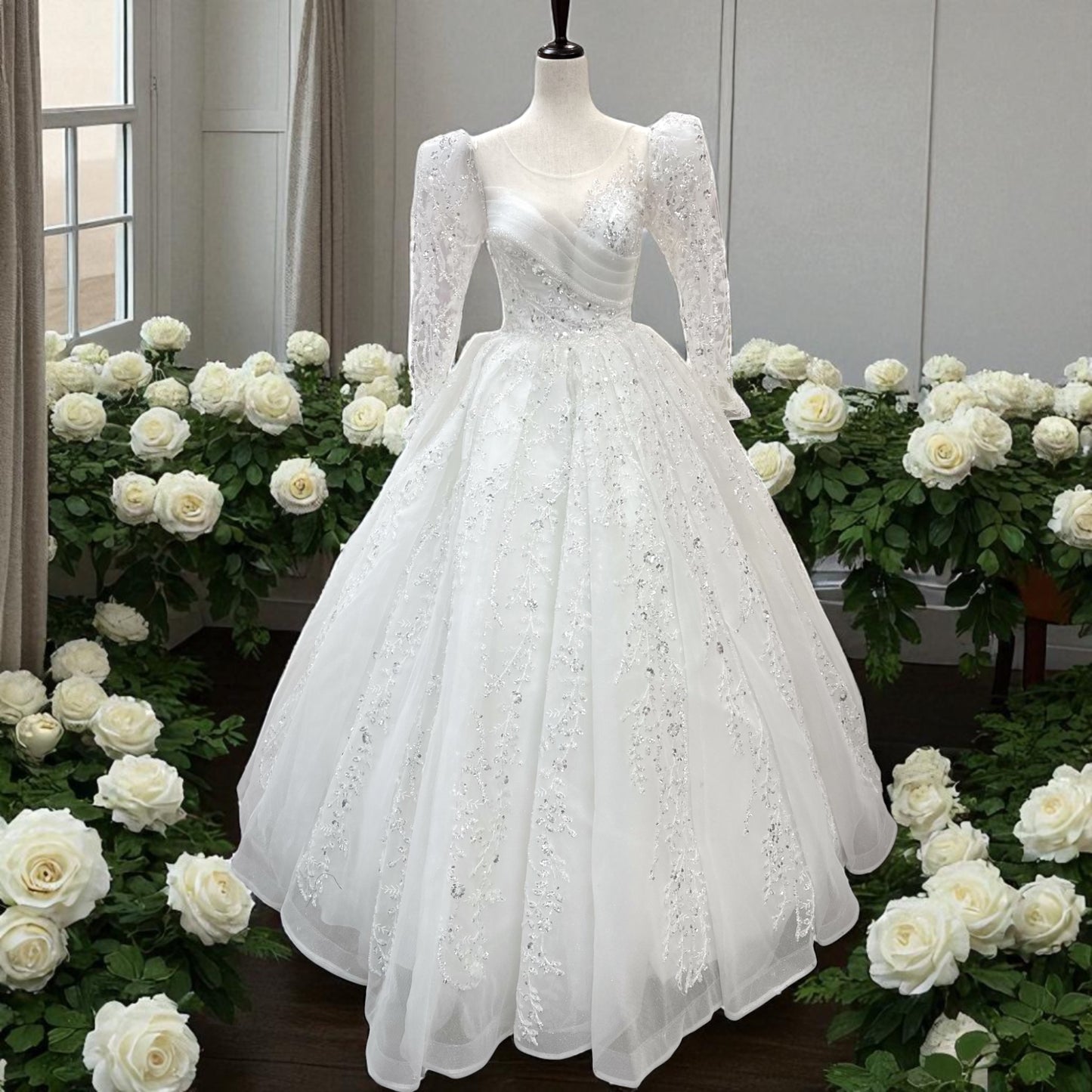 Princess  Ball Gown Style - Wedding Gown - Creamy White -Long Sleeves  Detailed with Sequins