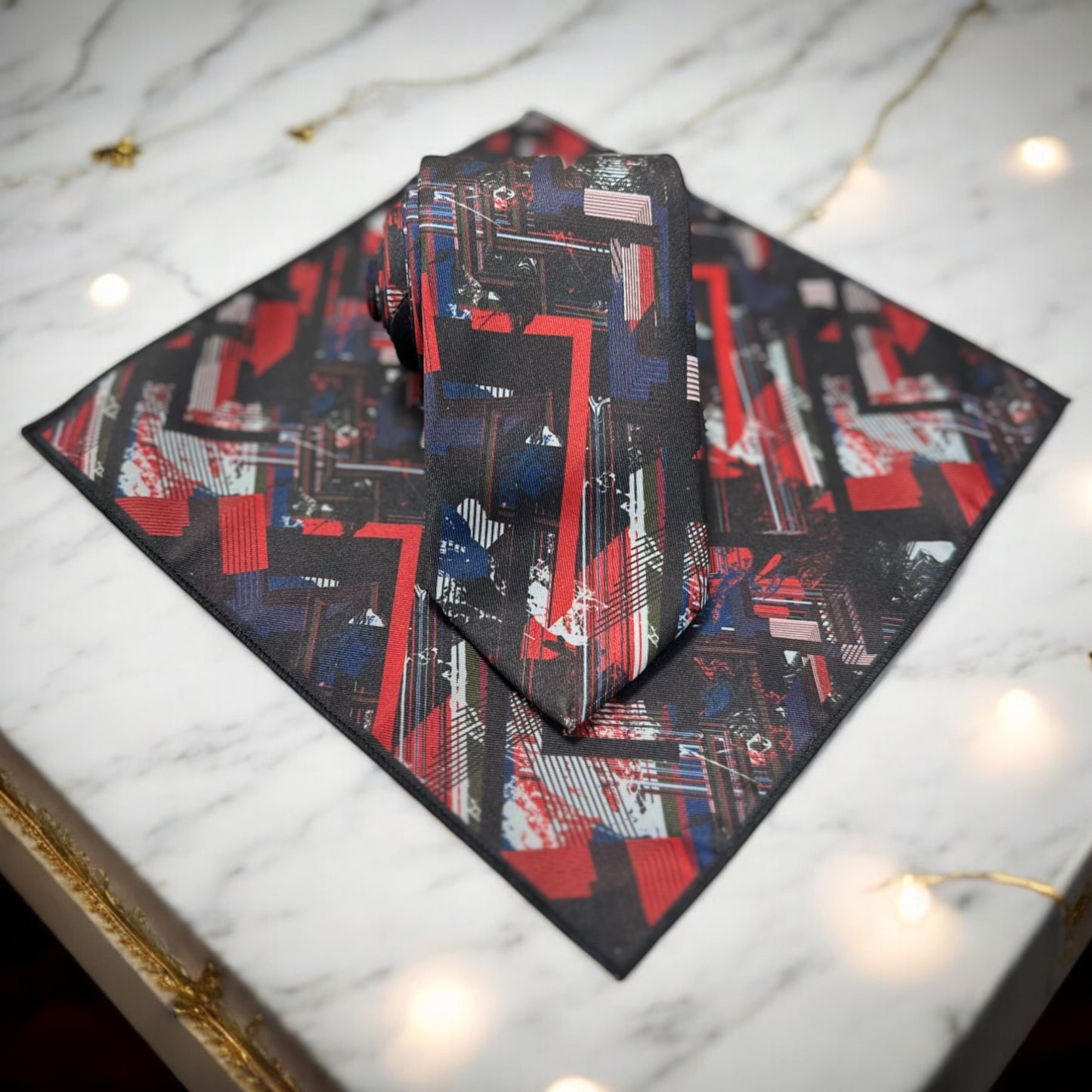 Red, Blue, on Black Base Pattern - Istanbul Fashion Tie - Classic Wide
