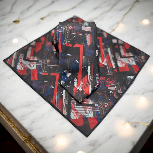 Red, Blue, on Black Base Pattern - Istanbul Fashion Tie - Classic Wide
