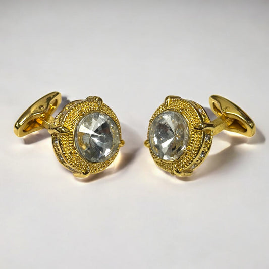 Luxurious Round Diamond Surrounded by Detailing Gold Finish - Istanbul Fashion Cufflinks - 69