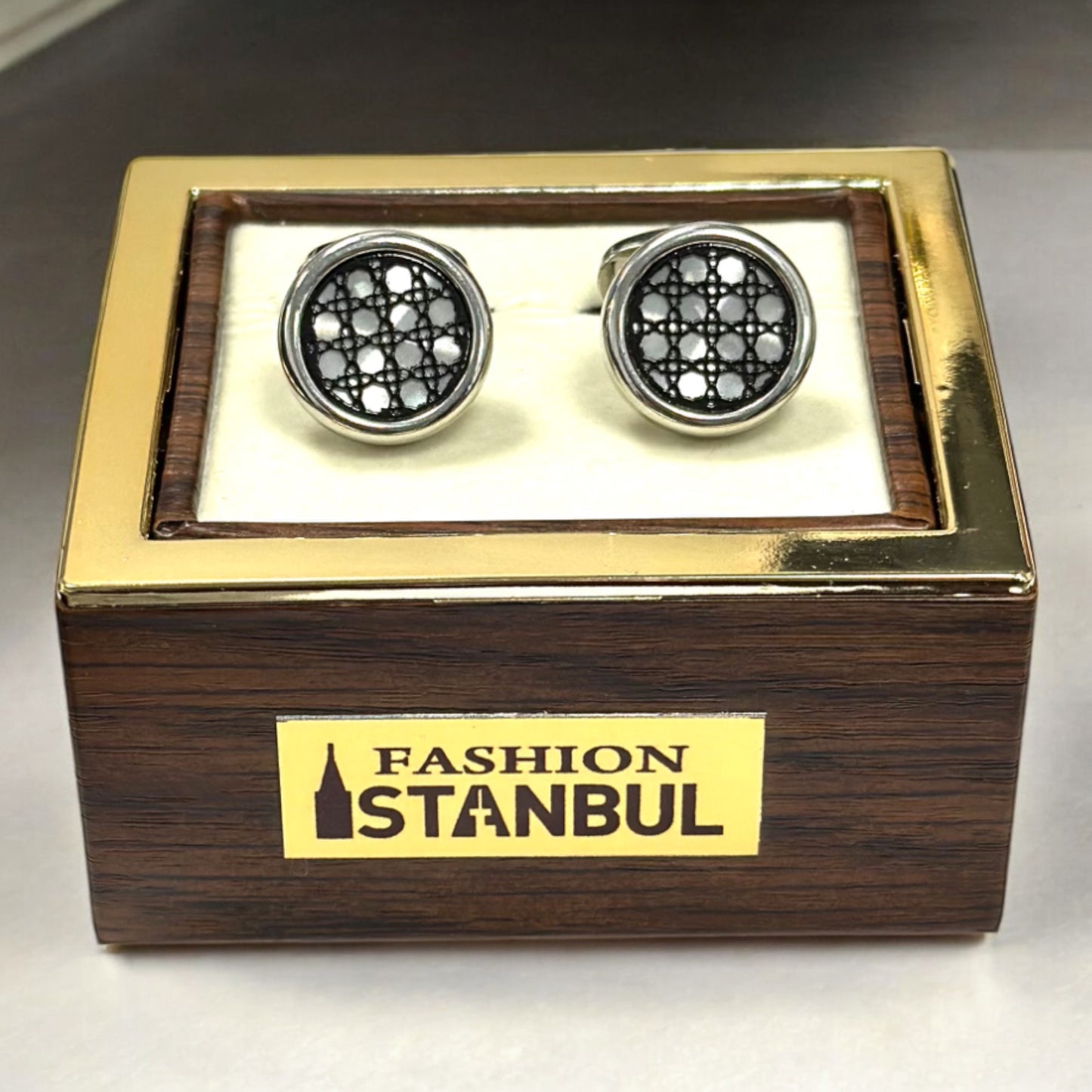 Round Silver Contrasted with Black Details   - Istanbul Fashion Cufflinks - 66
