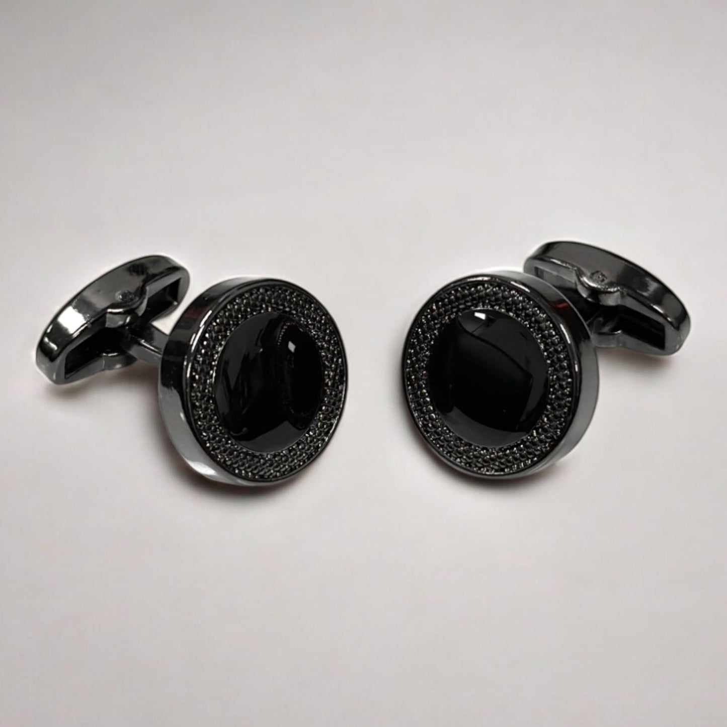 Round Chrome Black Contrasted with Dark Black  - Istanbul Fashion Cufflinks - 65