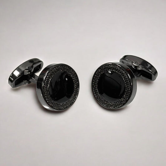 Round Chrome Black Contrasted with Dark Black  - Istanbul Fashion Cufflinks - 65