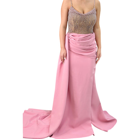 Sexy Bubble Pink Long Dress- Detailed with Beautiful Pearls
