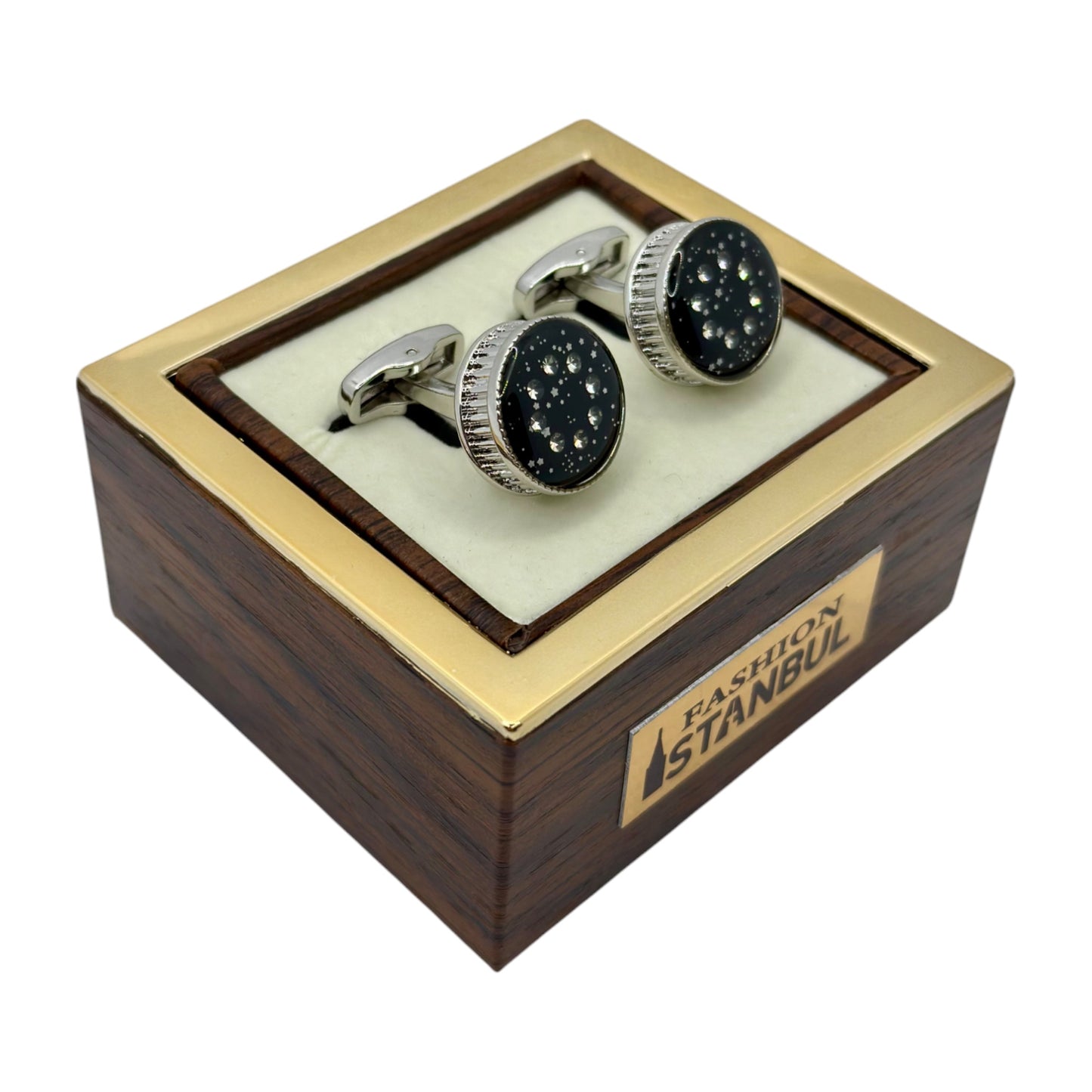 Bold Round  Round Istanbul Fashion Cufflinks  Detailed with  Silver, Diamonds and Black Interior- 25
