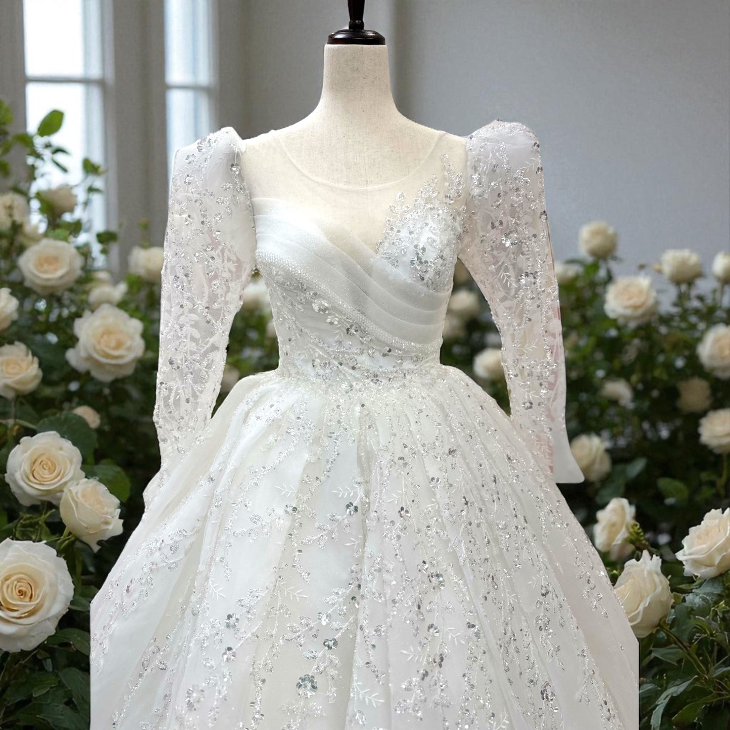 Princess  Ball Gown Style - Wedding Gown - Creamy White -Long Sleeves  Detailed with Sequins