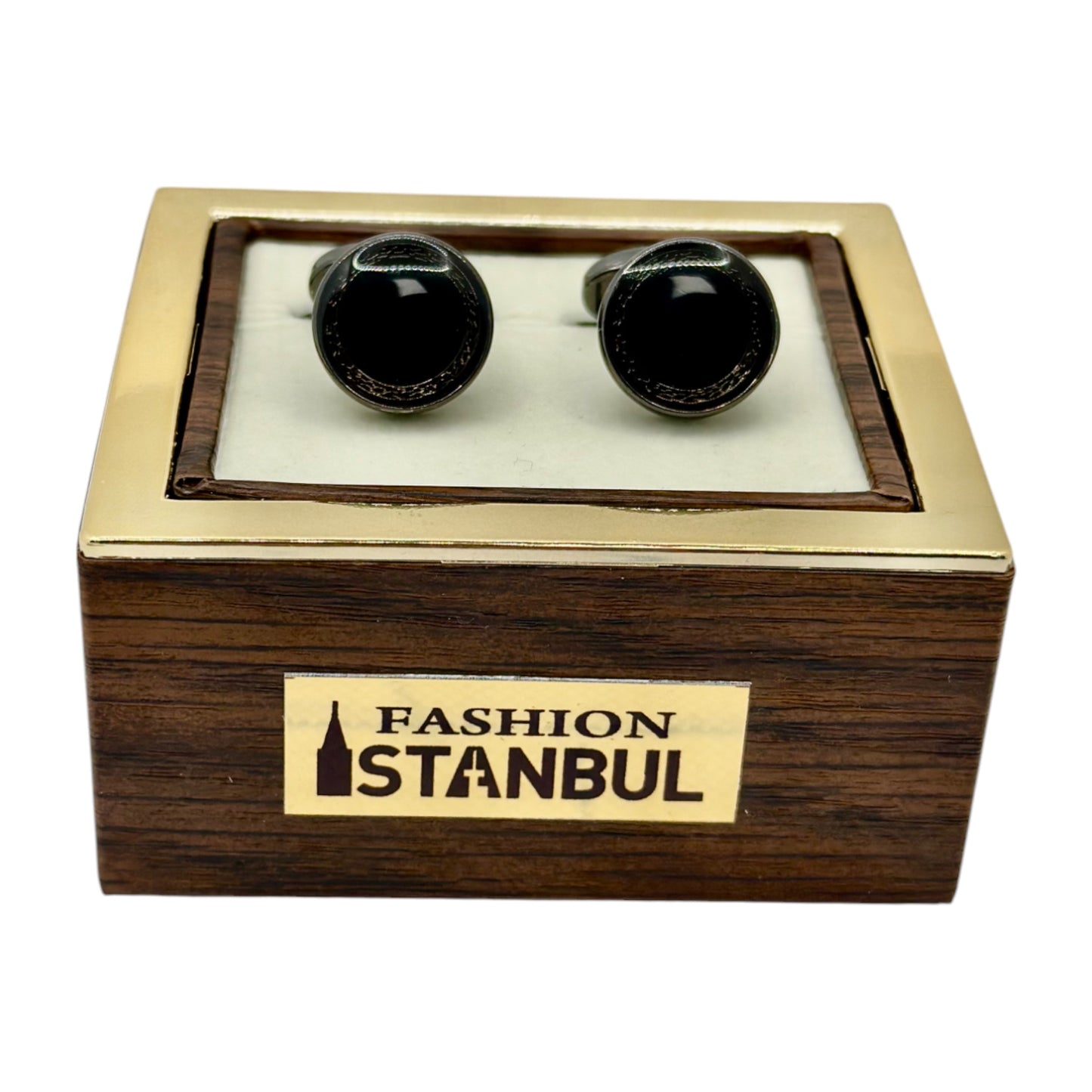 Round Istanbul Fashion Cufflinks  Detailed with Darkest Black and Chrome  - 20