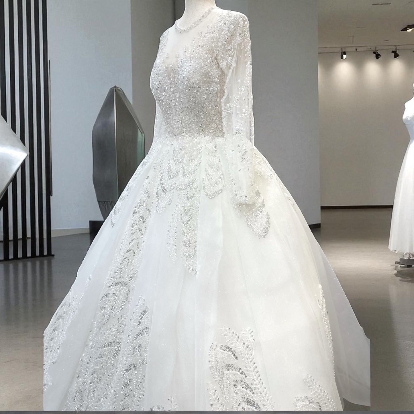 Princes Style Ball Gown - Wedding Gown - Off- White - Detailed with Crystallize Beading and Shiny Sequence