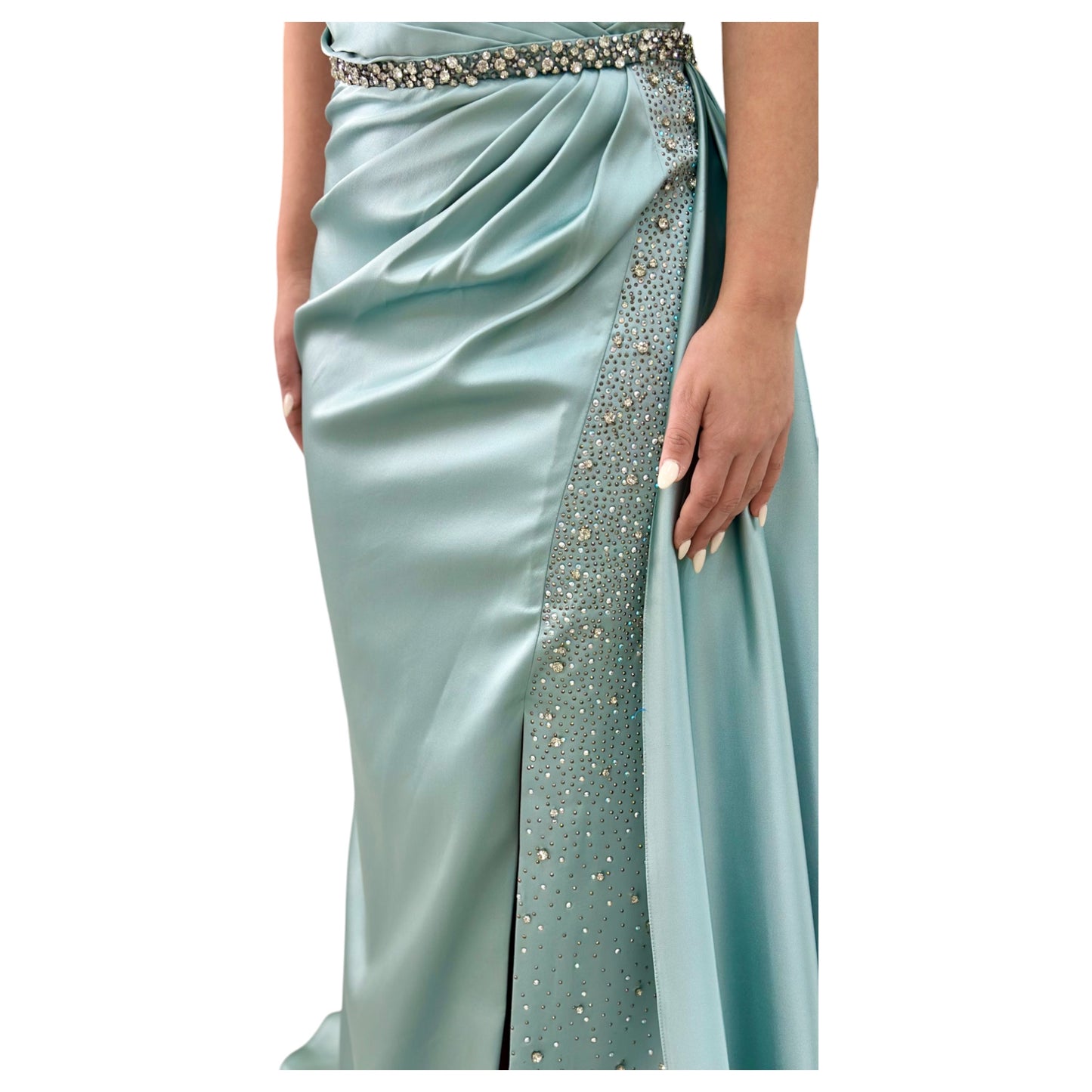 Satin Mint Green Elegant Long Dress- Detailed with Beautiful Crystals and Sequins