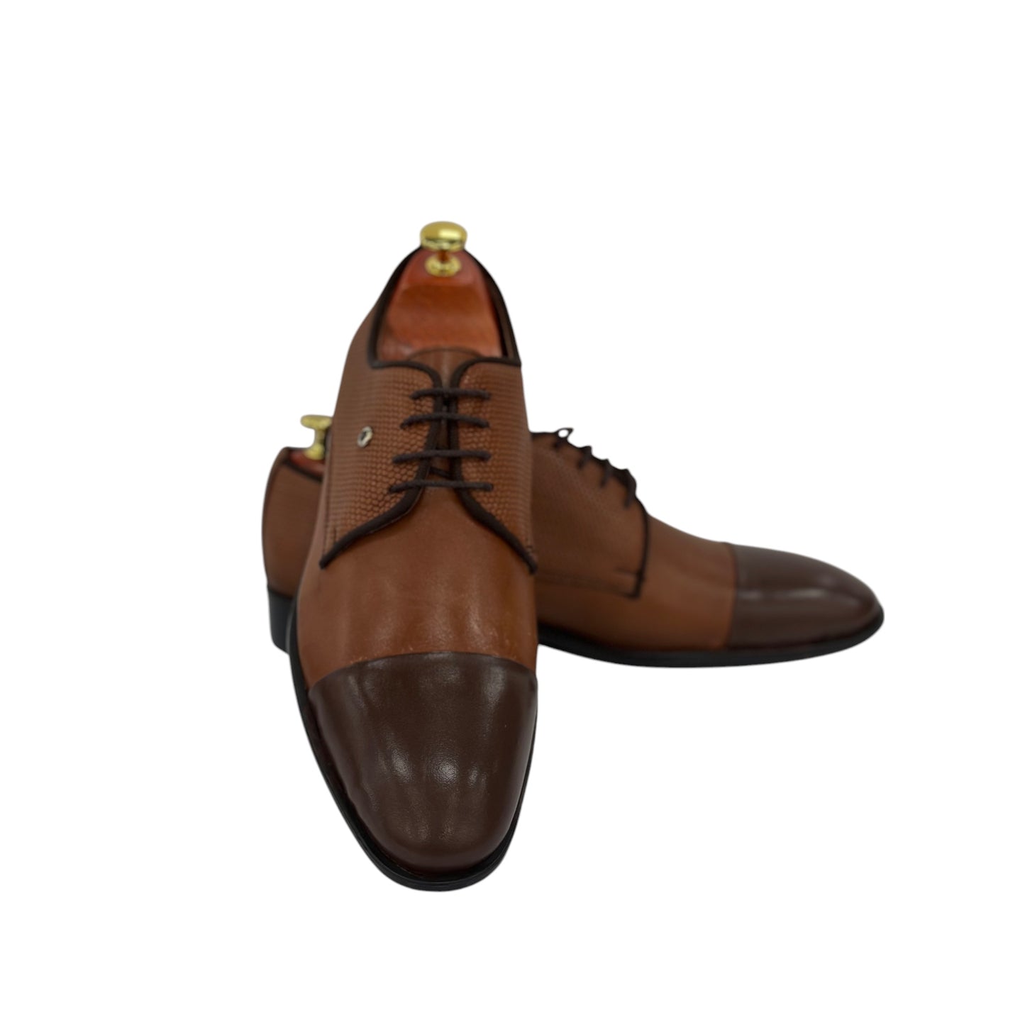 Light Brown Dress Shoes with Brown Detailing-Brown Lace-Leather- 7027-1