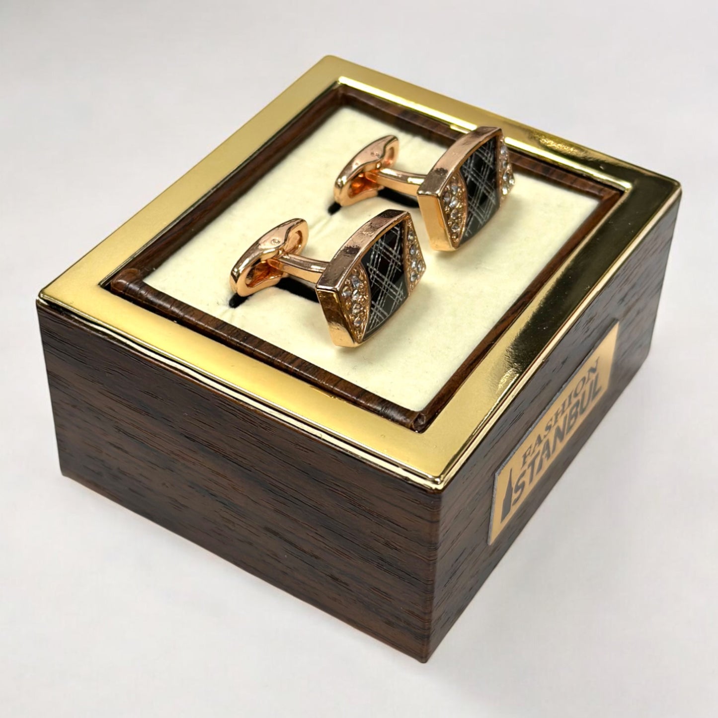 Stylish Rectangular Rose Gold  Detailed with Black and Diamonds  - Istanbul Fashion Cufflinks - 73