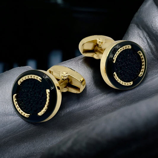 Round Istanbul Fashion Cufflinks - Gold and Dark Black Textured Interior  - 12