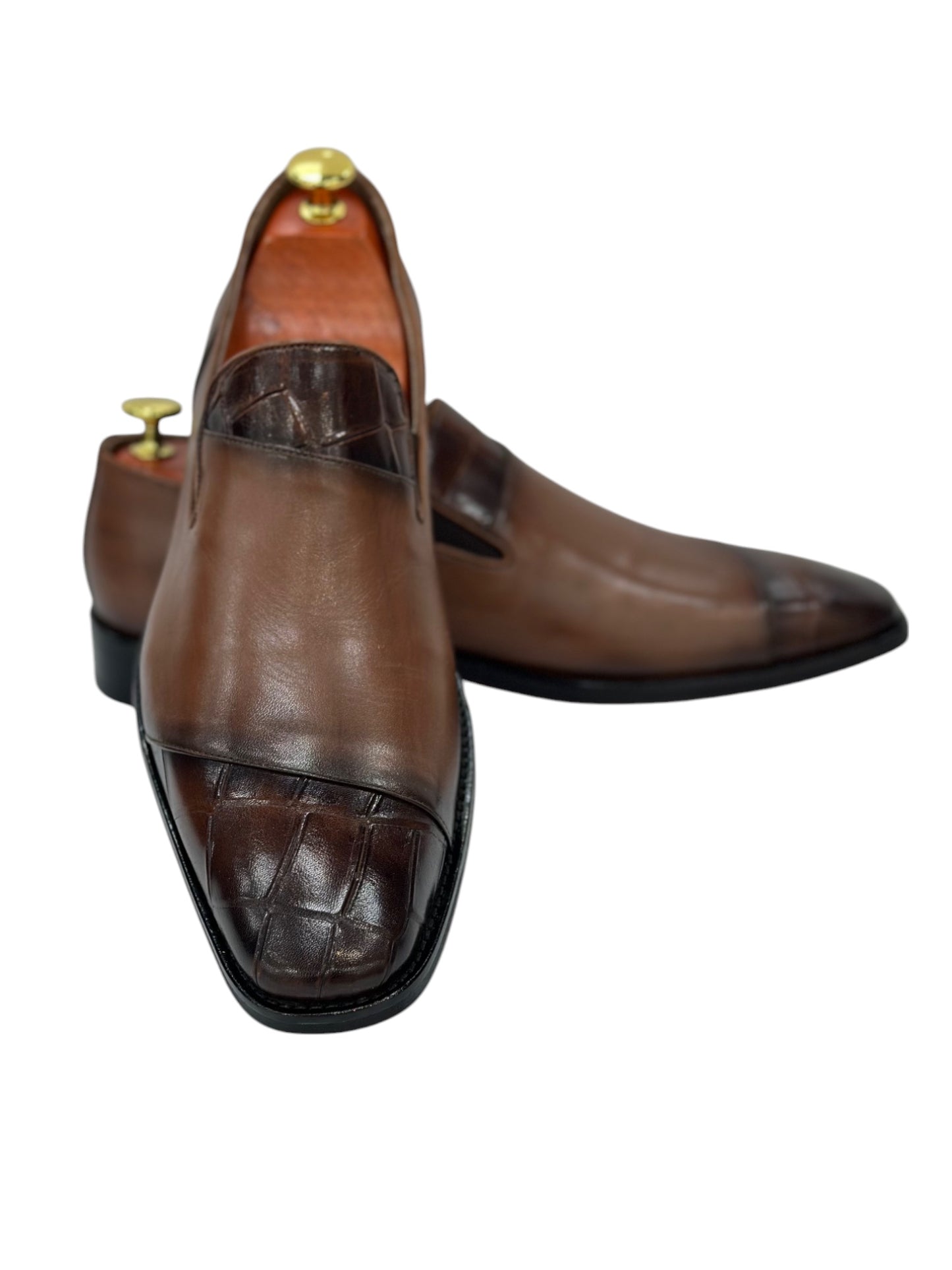 Brown Istanbul Fashion by Raad Red Bottom Shoes with Combination of Textured and Solid Leather-514