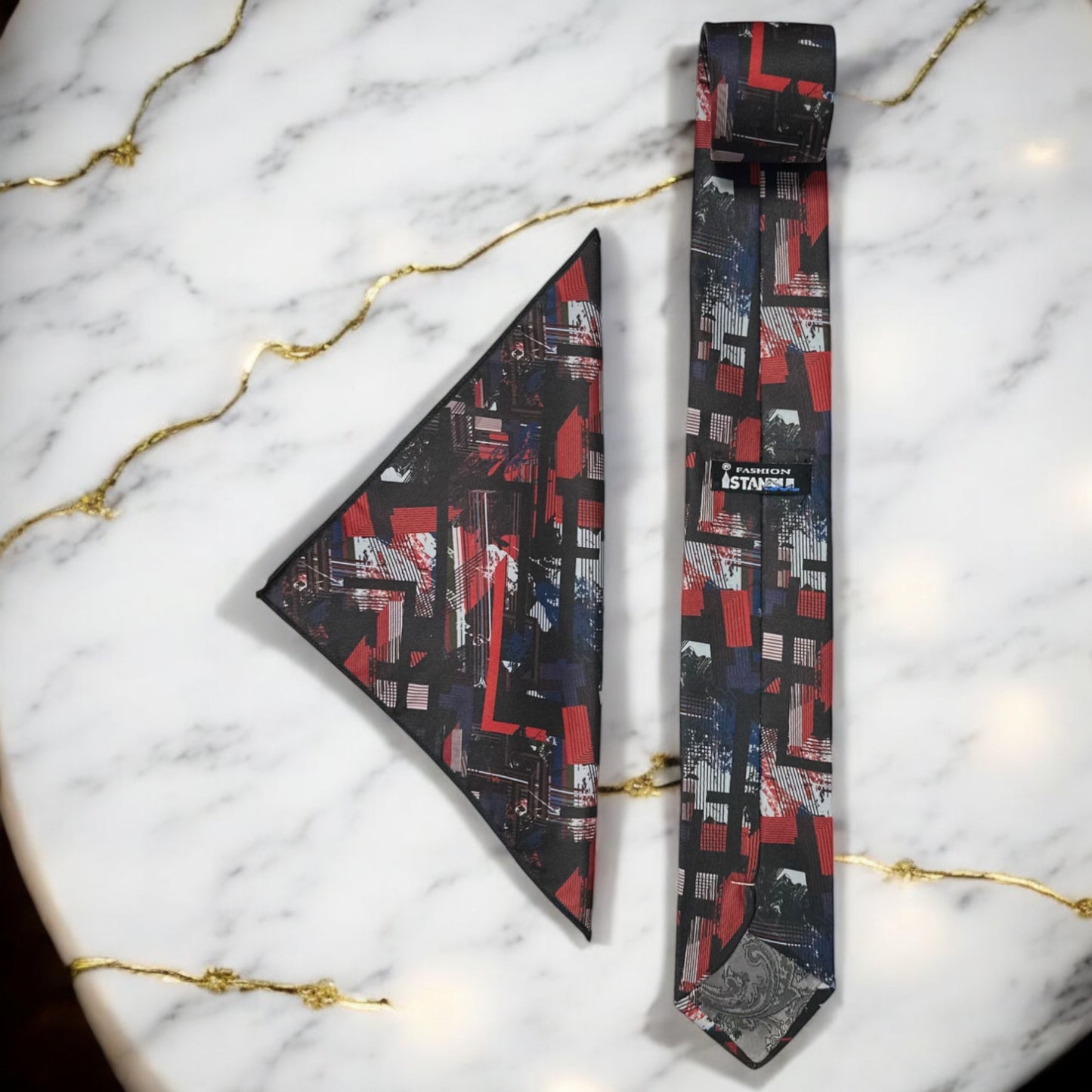 Red, Blue, on Black Base Pattern - Istanbul Fashion Tie - Classic Wide