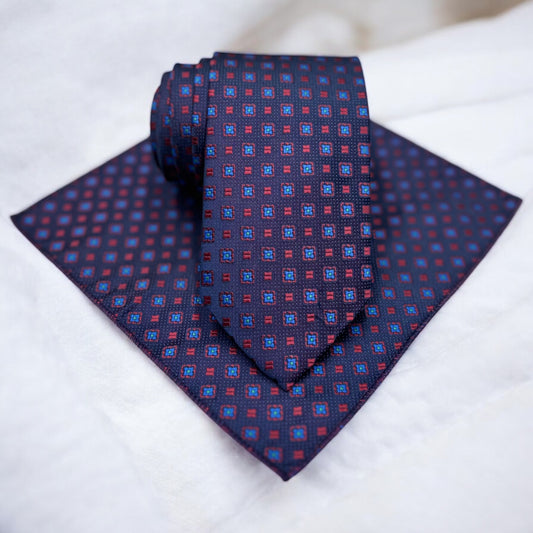 Mini Squared Patterns with Red and Navy -Istanbul Fashion Tie - Classic Wide