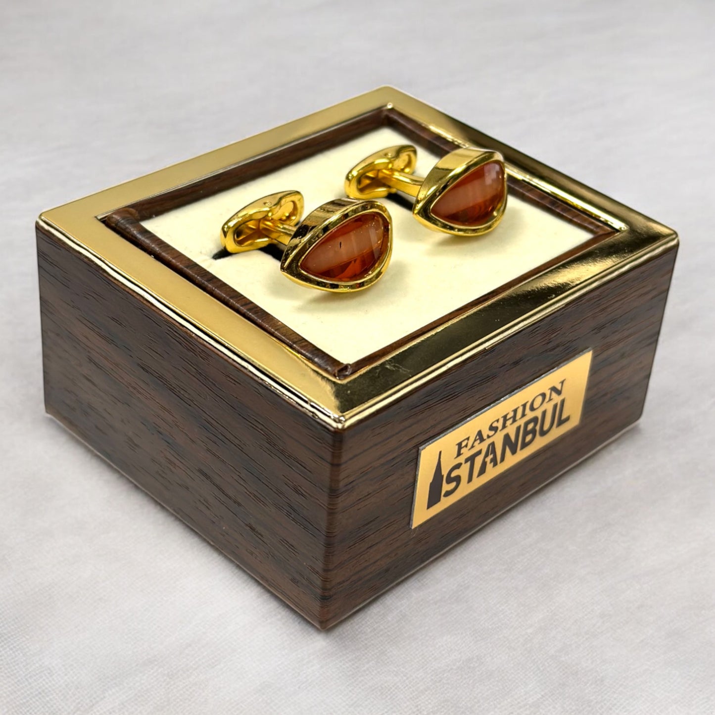 Elegant Tear Shaped Gold with Orange Jewel  - Istanbul Fashion Cufflinks - 76