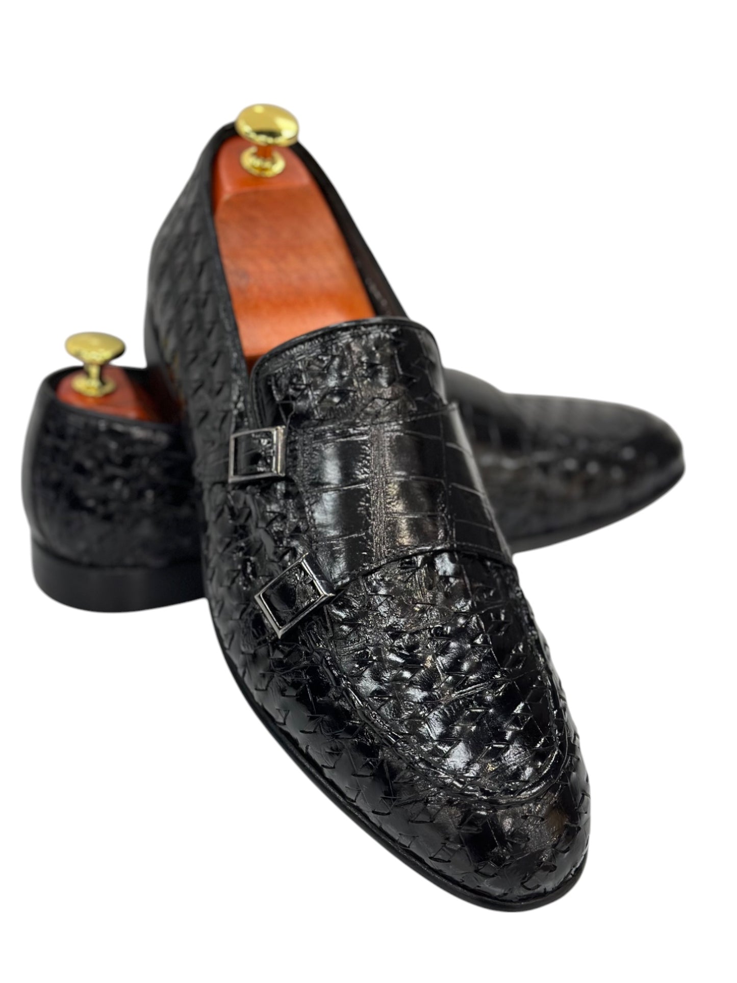 Black Textured Leather-Shiny Finish Dress Shoes-Belted Detailed on Side-117-18-323