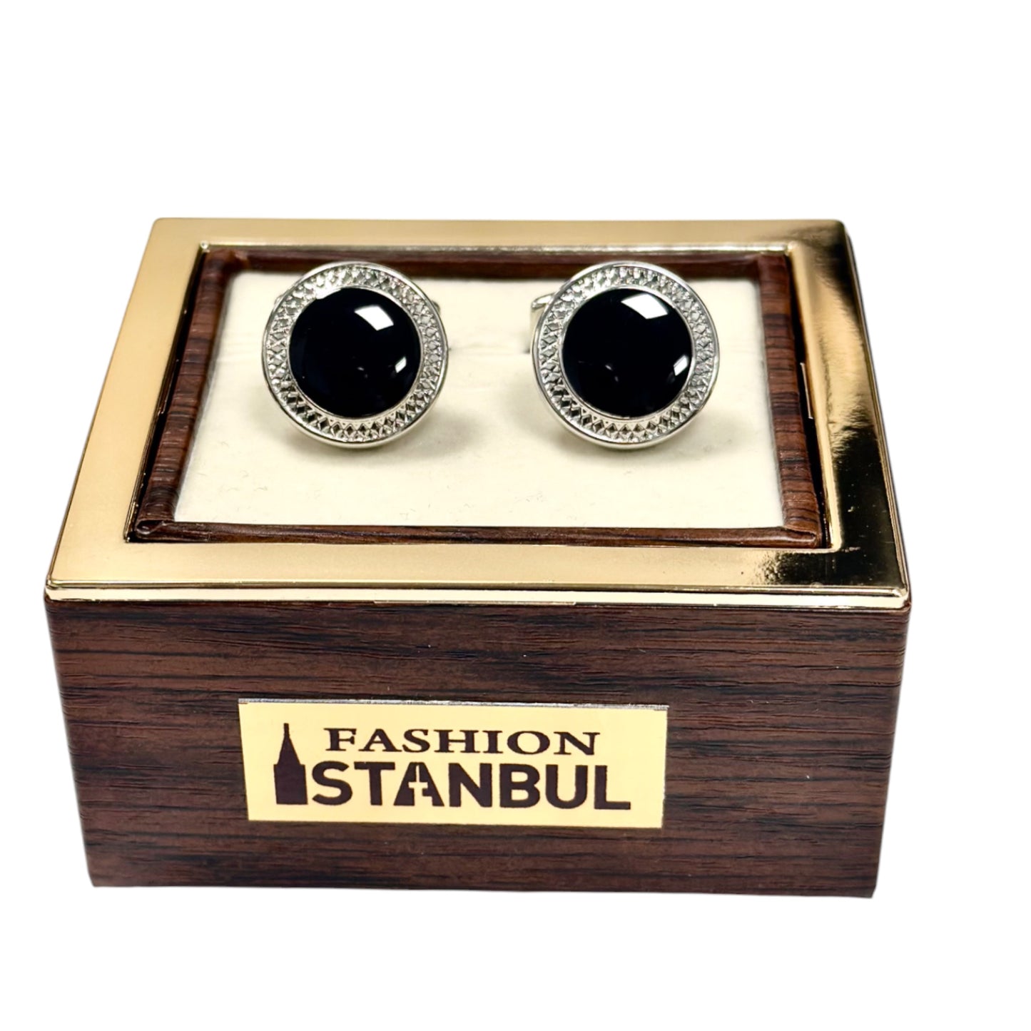 Silver  Black Round  Istanbul Fashion Cufflinks  Detailed with, Shiny Silver 34