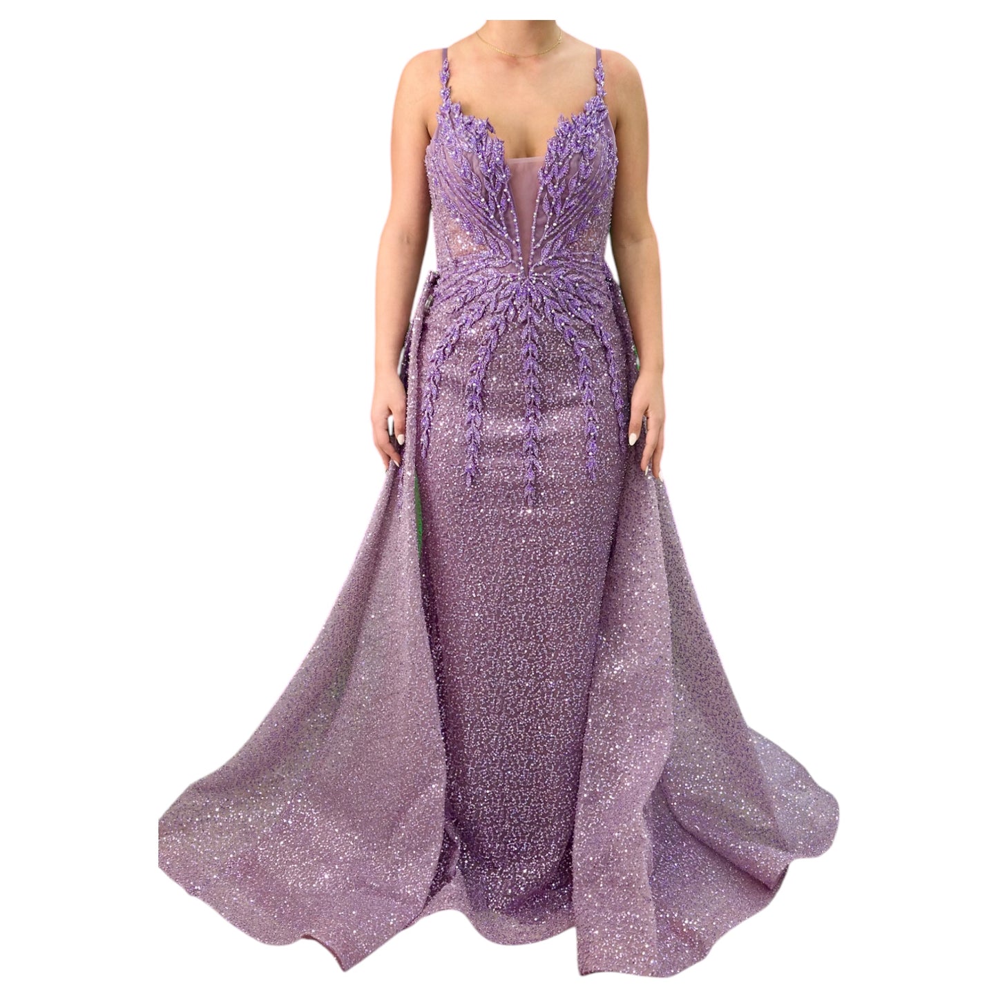 Purple Elegant Long Dress-Detailed with Beautiful Crystals and Sequins and Detachable Long Skirt