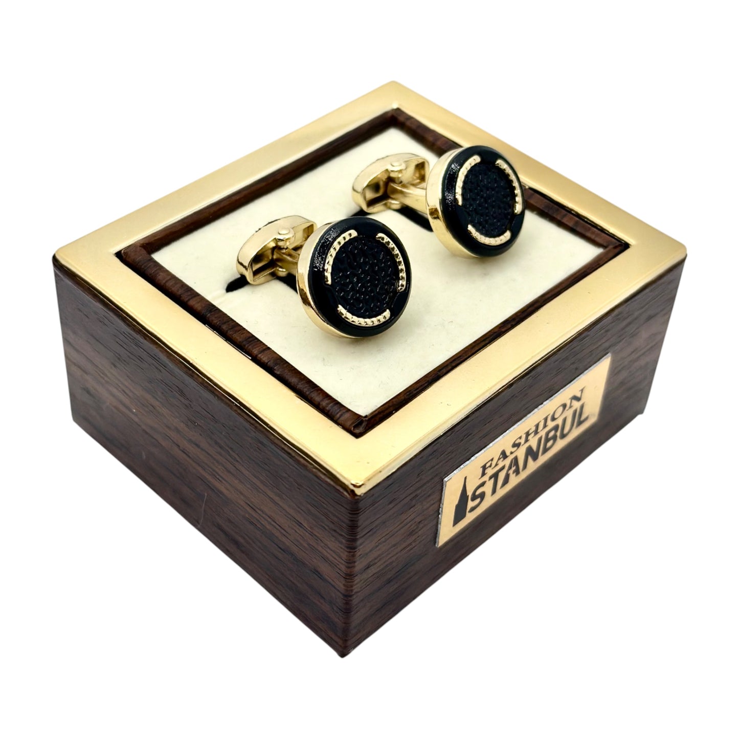 Round Istanbul Fashion Cufflinks - Gold and Dark Black Textured Interior  - 12