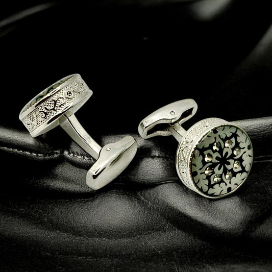 Round Bold Istanbul Fashion Cufflinks - Silver with Black and Dimond  Details  - 11