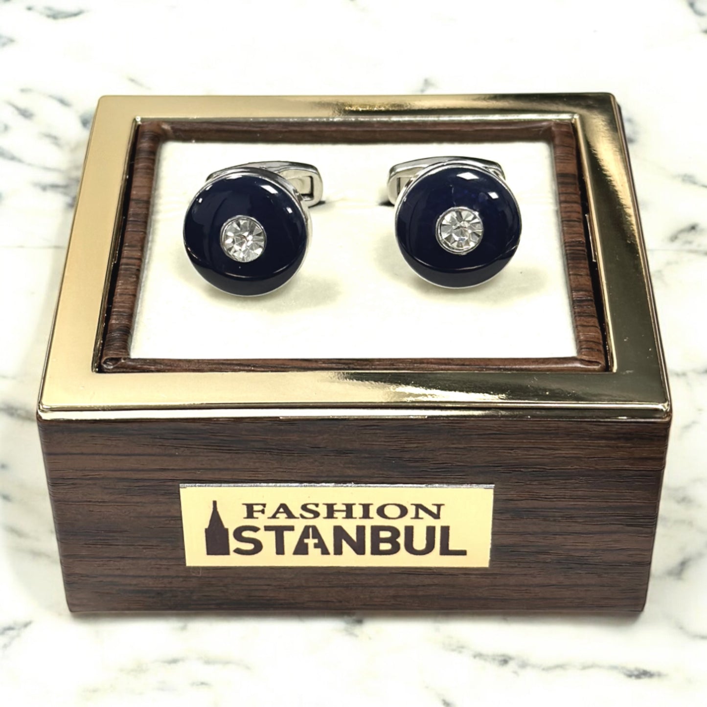 Round Dark Blue Centered with Diamond  - Istanbul Fashion Cufflinks - 60