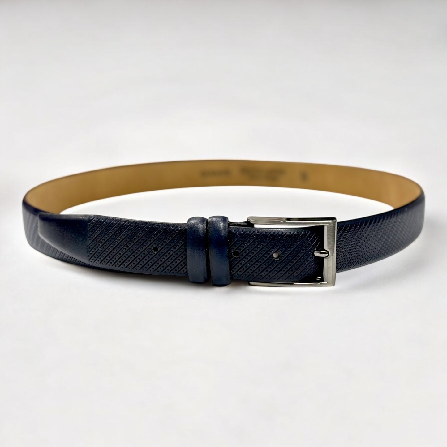 Classic Navy Leather Belt with  Squared Corners Silver Buckle - 10