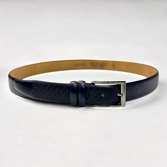 Classic Navy Leather Belt with  Squared Corners Silver Buckle - 10