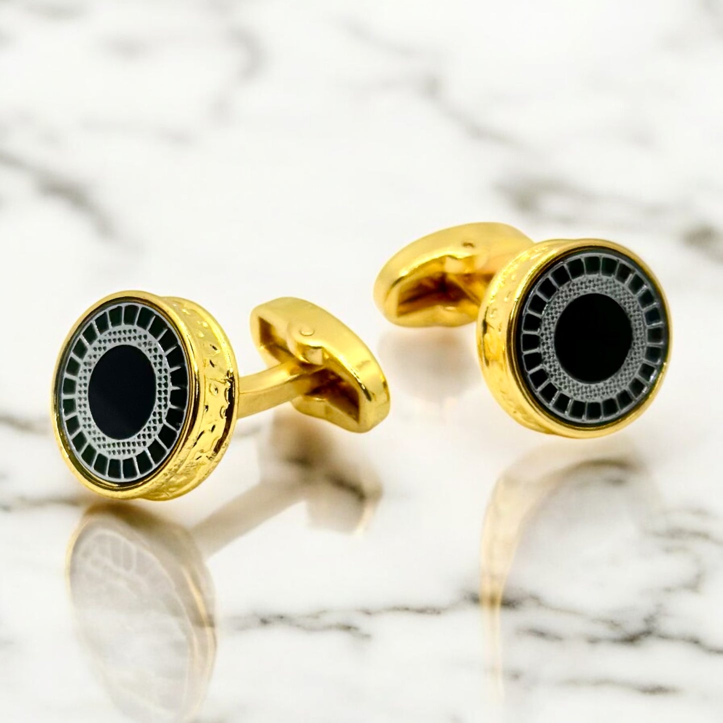 Round Istanbul Fashion Cufflinks - Gold Exterior with Black Details Mixed with Silver  - 4