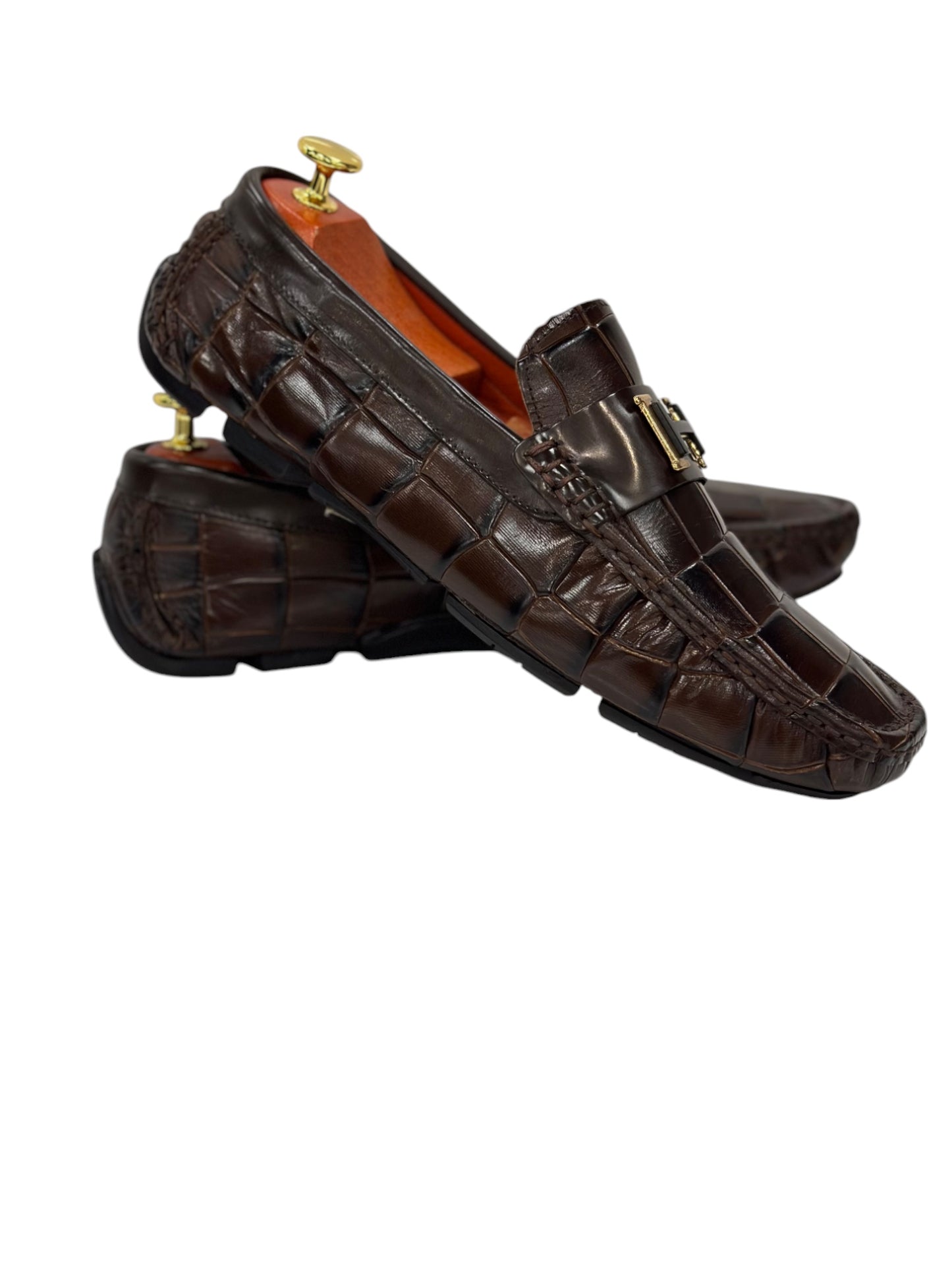 Brown Textured Leather-Shiny Finish Dress Shoes-Metal Details-Orange Interior-134-5577