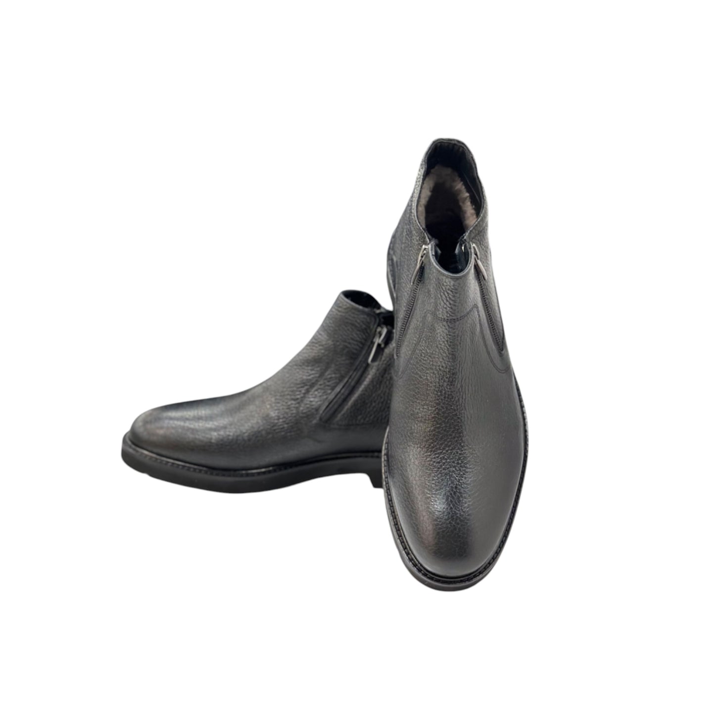 Black Ankle Boots-  with Double sided Zippers-Luxury Leather- Fury Interior  and Rubber Bottom-3125