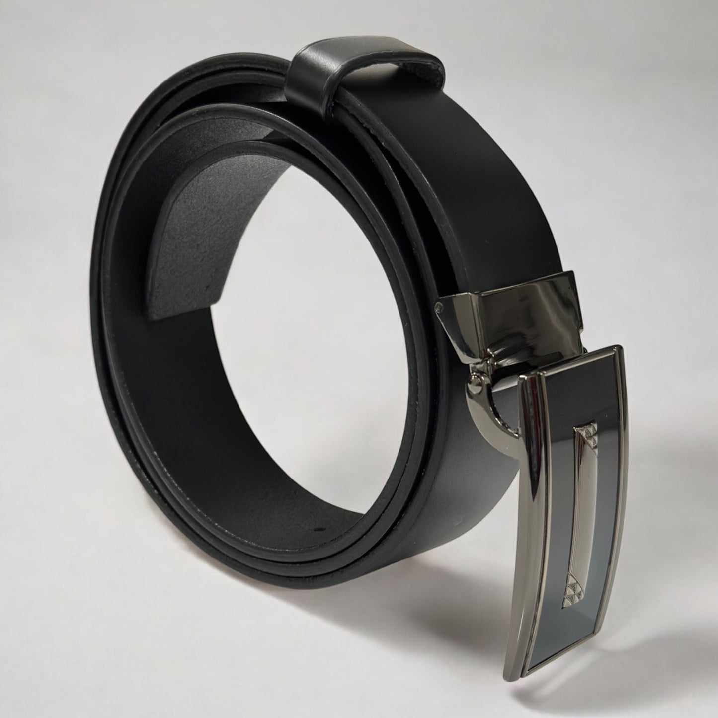 Black Matte Leather with Shiny Navy Buckle with Chrome Detailing - 4
